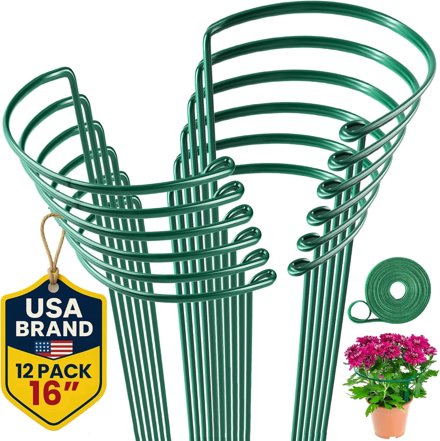 12 Pack Plant Support Stakes – Heavy-Duty Half Round Peony Support Ring and Cage for Indoor and Outdoor Plants – Peony, Tomato, Hydrangea, Rose 10" Wide x 16" High