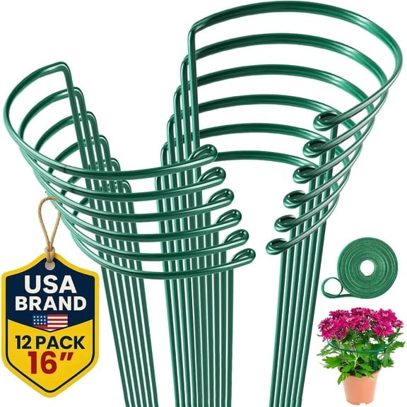 12 Pack Plant Support Stakes Heavy-Duty Half Round Peony Support Ring and Cage for Indoor and Outdoor Plants Peony, Tomato, Hydrangea, Rose 10" Wide x 16" High