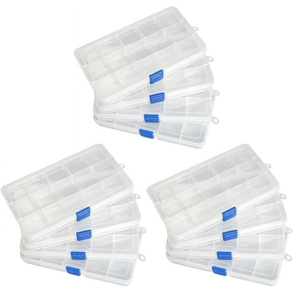 12 Pack Plastic Compartment Box with Adjustable Dividers Craft Tackle Organizer Storage Containers Box 15 Grid (Clear)
