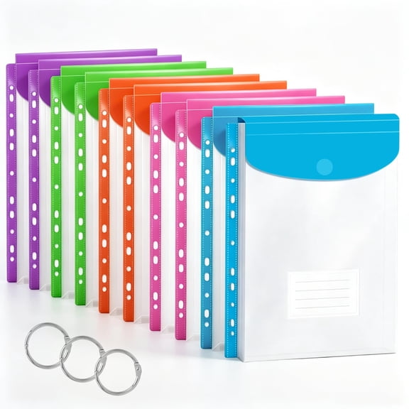 12 Pack Plastic Envelopes Binder Pocket 11 Holes Expandable Binder Folders for 2/3/4 Ring Document Pouch with Snap Button & Label Loose-Leaf Transparent for School Home Office (Vertical-Opening)