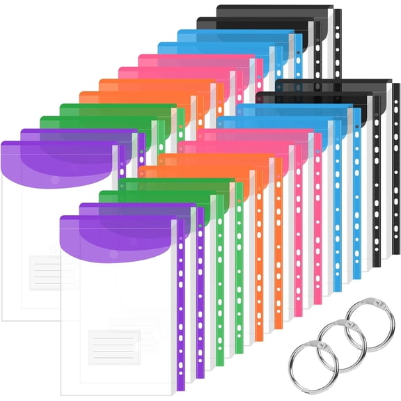 12 Pack Plastic Envelopes Binder Pocket 11 Holes Expandable Binder Folders for 2/3/4 Ring Document Pouch with Snap Button & Label Loose-Leaf Transparent for School Home Office (Side-Opening)