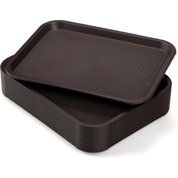 12 Pack Plastic Fast Food Trays, 13.7 x 10.5 Inch Rectangular Cafeteria Trays Restaurant Serving Tray for Coffee Table, Kitchen, Party, Brown
