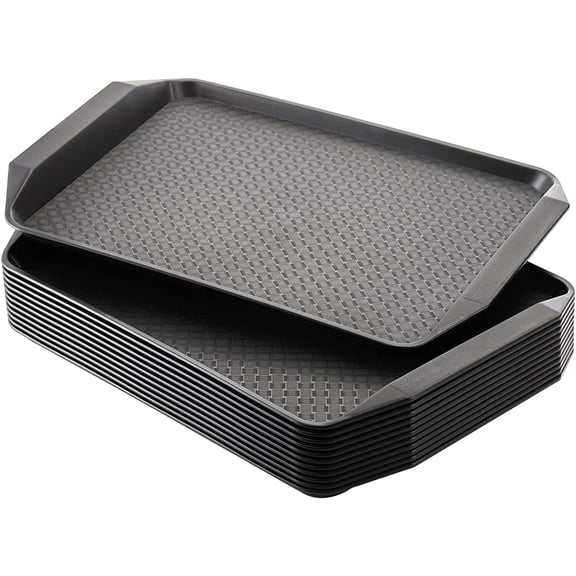 12 Pack Plastic Fast Food Trays for Eating, 17IN x 11.7IN Black Restaurant with Handles, Rectangular Cafeteria Tray for Coffee, Parties, Lunch Table, Kitchen, Non Skid