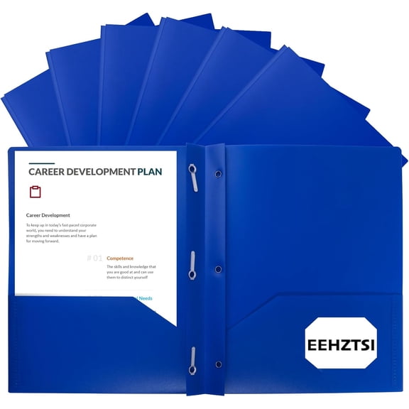 12-Pack Plastic Folders with Pockets and Prongs, 2-Pocket Poly 3 Fers Holds 8-1/2" x 11" Paper for School/Office/Home, Blue