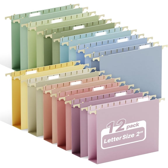 12 Pack Plastic Hanging File Folders, 2 Inch Expandable Letter Size Hanging Folders with 1/5 Cut Tabs, Hanging File Folder Organizers Designed for Bulky Files, Medical Charts - Assorted Colors
