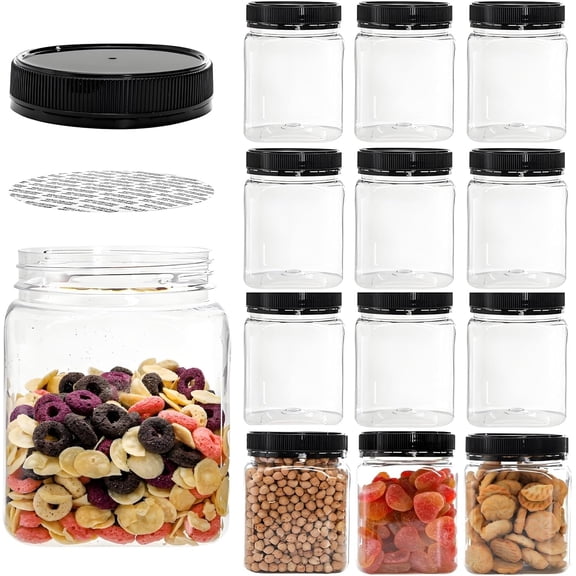 12 Pack Plastic Jars with Lids, 24 Oz Square Clear Airtight Food Container Mason Jars for Kitchen, Refillable Empty Storage Containers Bulk for Dry Food, Candy, Sugar, Nuts