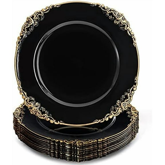 12 Pack Plastic Round Charger Plates, 13" Dinner Charger Dessert Plates with Gold Rim, Vintage Charger Serving Plates for Catering, Wedding, Tabletop Decor, Black, Floral Trim