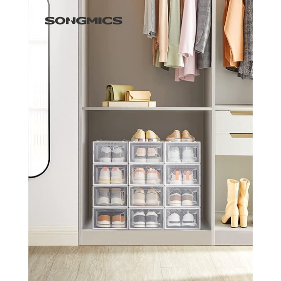Shoe Boxes, Pack of 12 Plastic Storage Organizers for Closet, Sneakers, Stackable & Breathable
