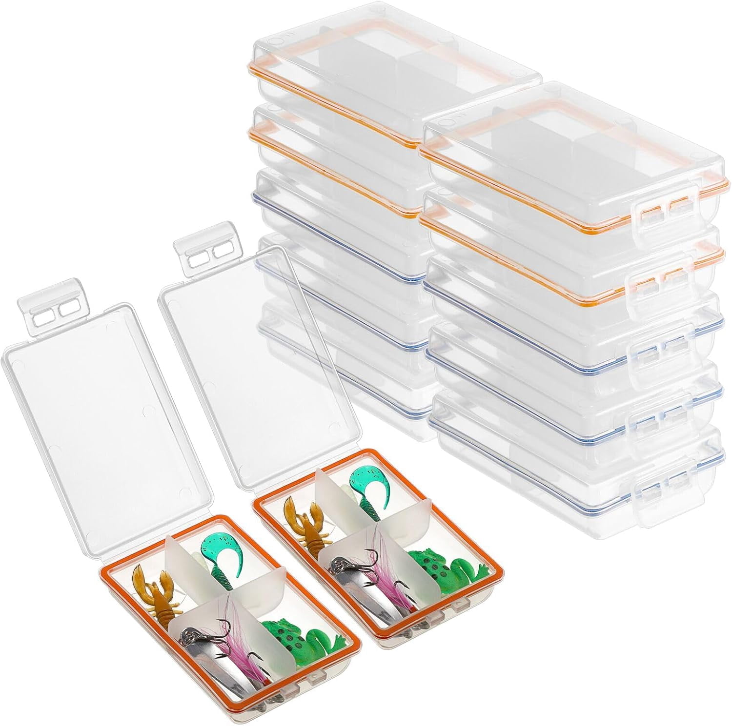 12 Pack Plastic Small Fishing Tackle Box Organizer with 4 Compartments, Clear Mini Fishing Tackle Storage Boxes with Dividers, Transparent Fish Pocket Tackle Storage Box Lure Box