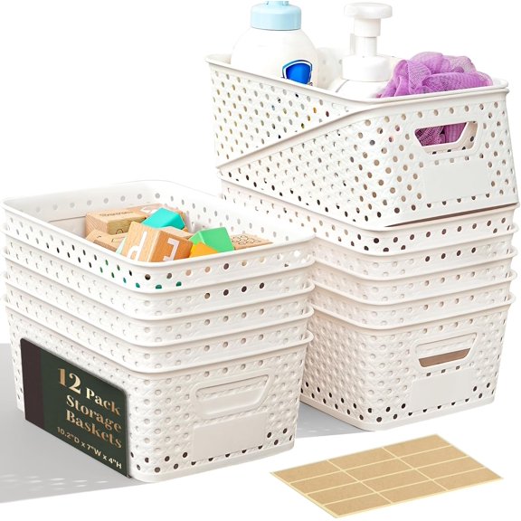 12 Pack Plastic Storage Baskets for Organizing, Storage Baskets for Shelves with Handles, Small Storage Bins with Labels, Organizer Baskets for Cabinet,Closet, Office