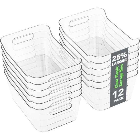 12 Pack Plastic Storage Bins, Multi-Use Organizer Bins, Pantry Organizer, Clear Storage Containers for Home, Kitchen, Office, Cabinet, Shelf and Fridge Organization