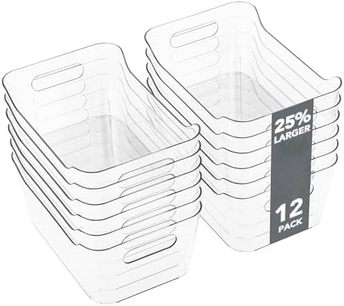 12 Pack Plastic Storage Bins, Multi-Use Organizer Bins, Pantry Organizer, Clear Storage Containers for Home, Kitchen, Office, Cabinet, Shelf and Fridge Organization