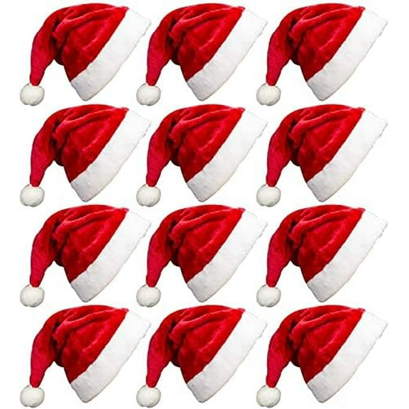 12 Pack Plush Santa Christmas Hats for Kids Children Teenagers & Adults Small Head, Red Plush Xmas Hats with White Cuffs for Christmas Holiday