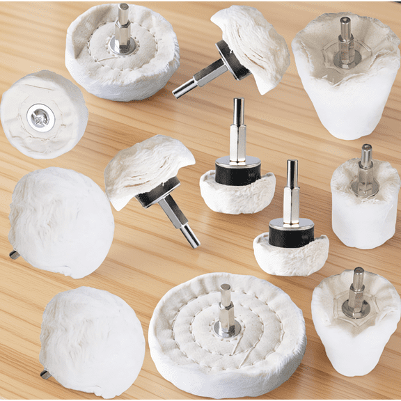 12 Pack Polishing Pad Buffing Wheel Kit, White Cotton, Drill Attachment for Metal Wood Glass Plastic Ceramic, 1/4-Inch Shank
