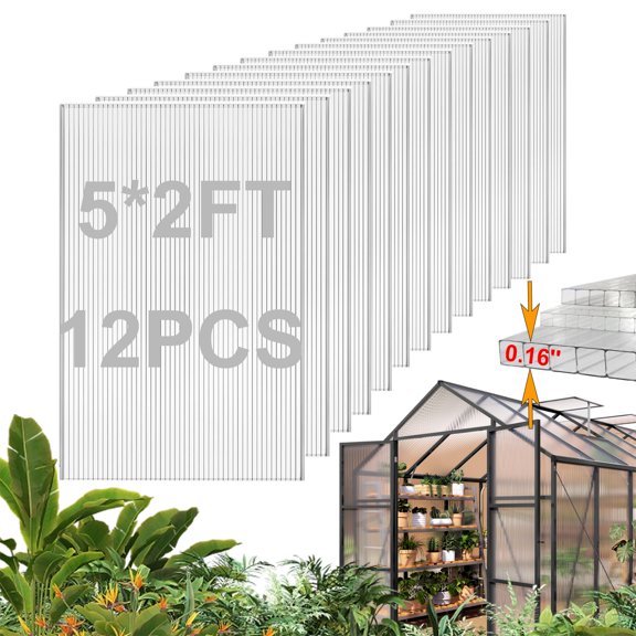 12 Pack Polycarbonate Greenhouse Panels 5' x 2' x 0.16", Twin-Wall Shatterproof UV Protected Insulated Roofing Sheets for Garden Greenhouses, Patio Covers, Sheds & DIY Projects