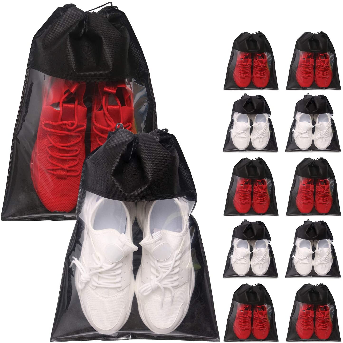 12 Pack Portable Shoe Bags for Travel Large Shoes Pouch Storage Organizer Clear Window with Drawstring for Men and Women Black