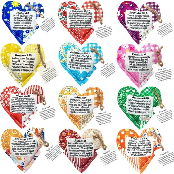 12 Pack Prayer Quilt with Inside, pantchwork Pocket Prayer Quilt squares, Pastor Appreciation Gifts, Prayer Closet Essentials, Scripture Comfort for Cancer Patients & Women (heart shape)