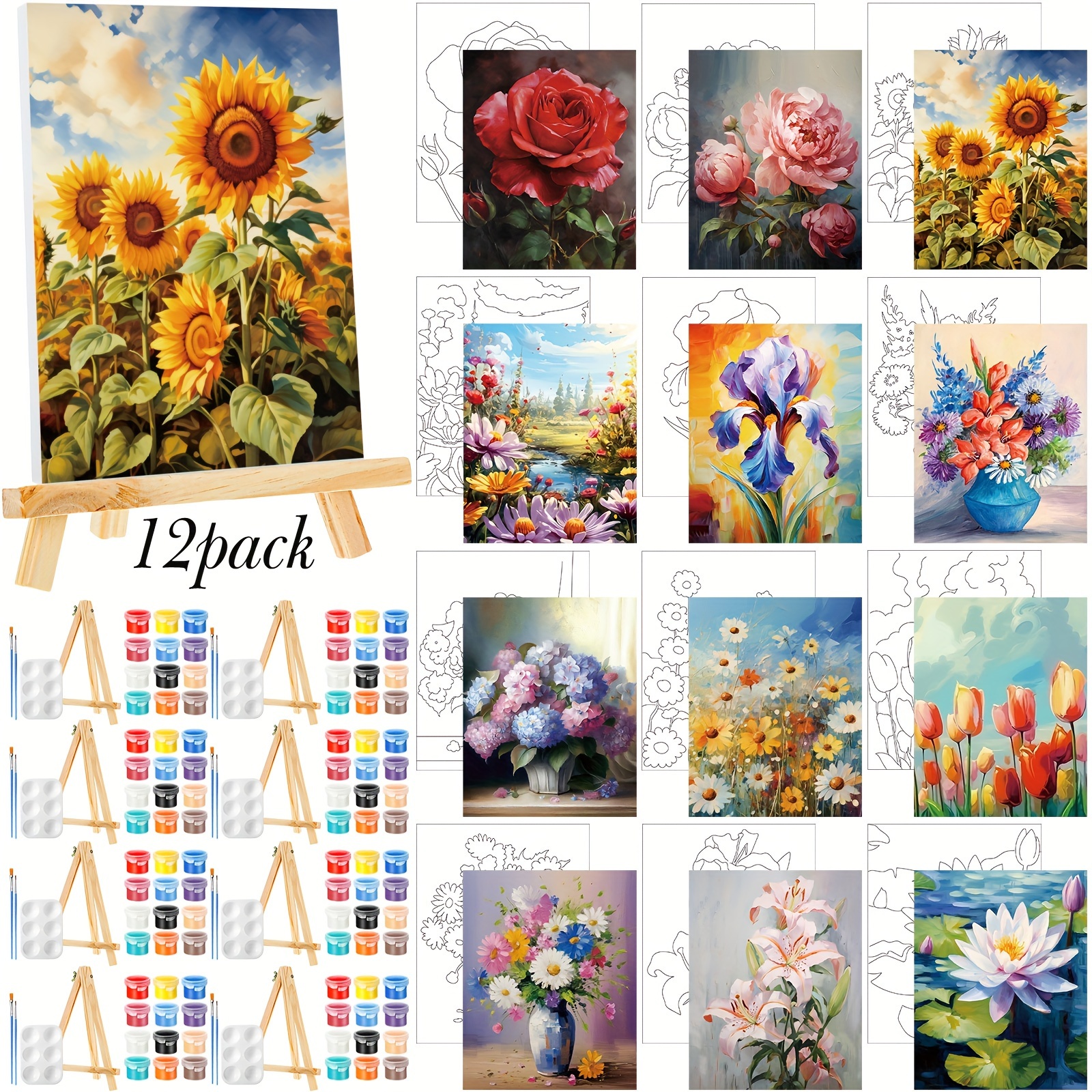 View of 12 Pack Pre Drawn Canvas for Painting Drawn Canvas Paint Kit Pre ...