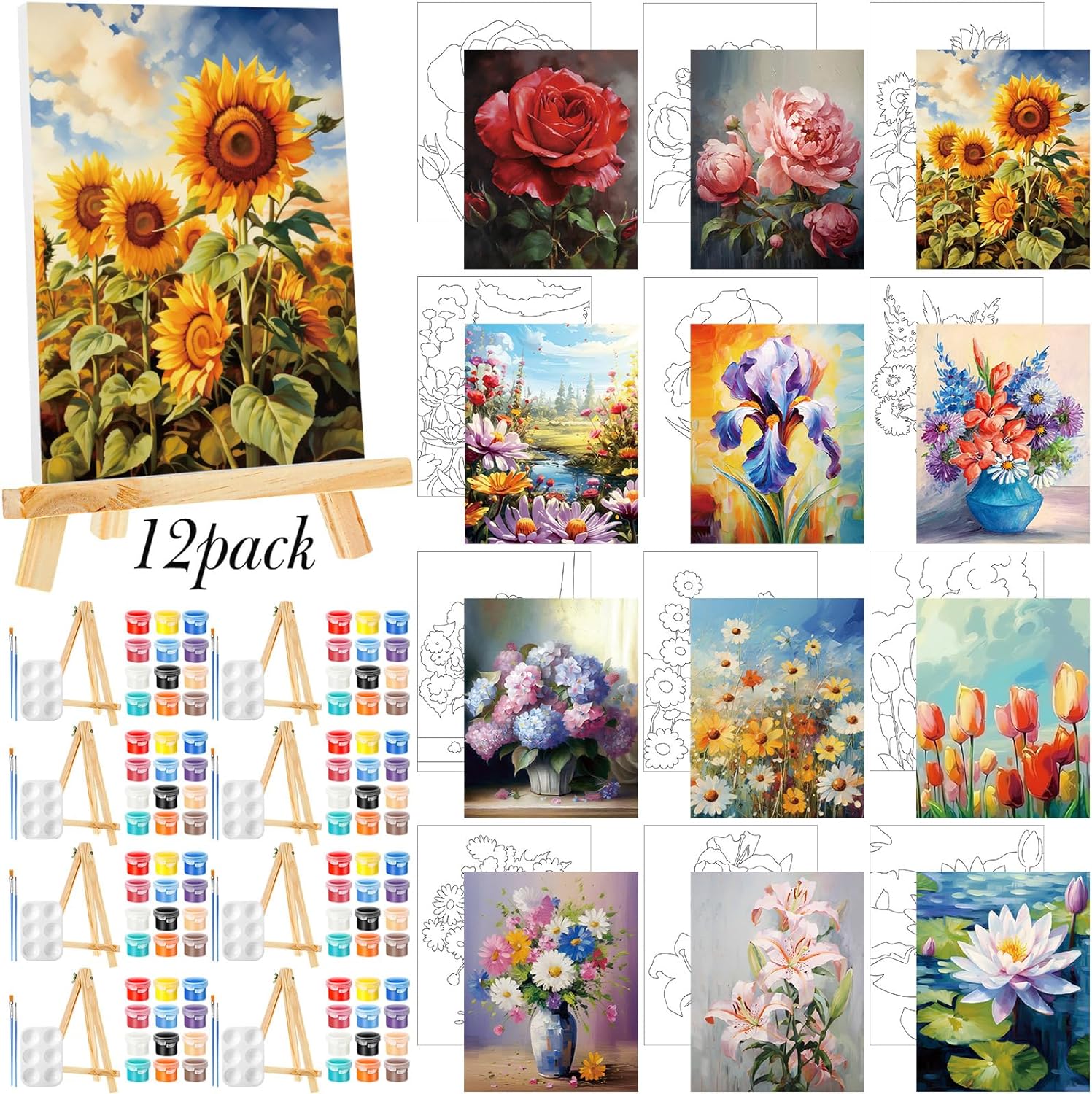 12 Pack Pre Drawn Canvas for Painting Drawn Canvas Paint Kit Pre Printed Canvases for Sip and