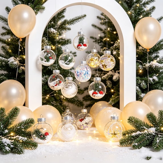 12 Pack Pre-Filled Clear Christmas Ball Ornaments,2.4in Transparent Plastic Baubles with Pine Needle,Berry,Sequin & Silk Filler,Assorted Hanging Pendants for Xmas Tree &Home Party Decor