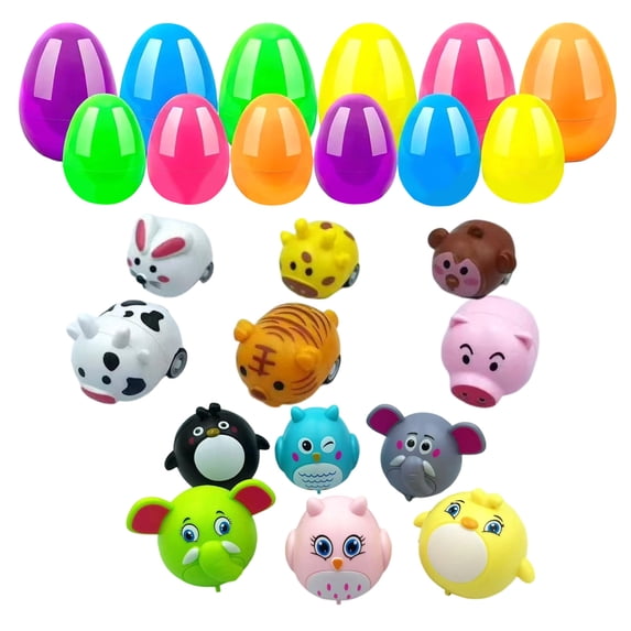 12 Pack Prefilled Easter Eggs Filled with Animal Car Toys, Suitable for Easter Egg Hunt Game, Kids Easter Basket Stuffers, Party Favors, Classroom Prizes & Small Gifts for Boys Girls Toddlers