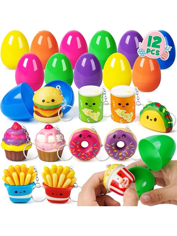 12 Pack Prefilled Easter Eggs with Food Squishy Toys and Keychains