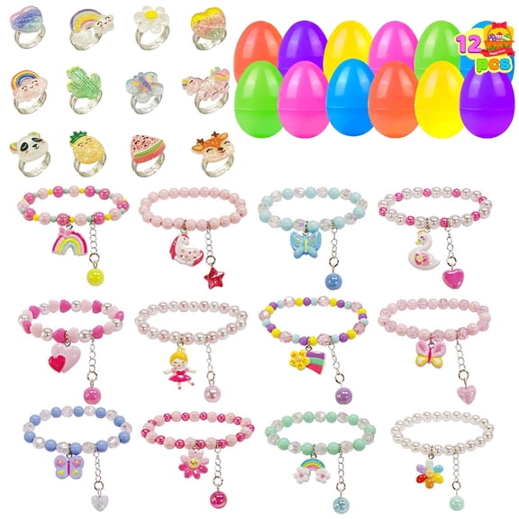 12 Pack Prefilled Easter Eggs with Rings and Bracelets, Kids Girl Jewelry Sets, Easter Basket Stuffers Gifts, Easter Party Favor