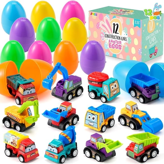 12 Pack Prefilled Easter Eggs with Toy Cars Pull Back Construction Vehicles