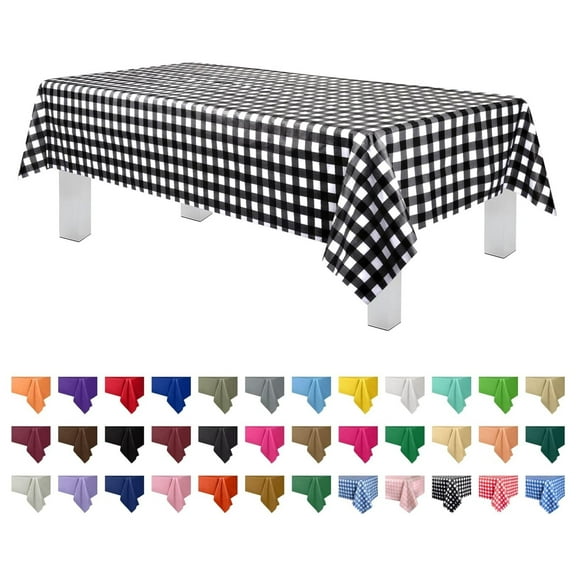 12 Pack Premium Disposable Plastic Tablecloth 54 Inch. x 108 Inch. Decorative Rectangle Checkered Table Cover - Black Checkered Gingham