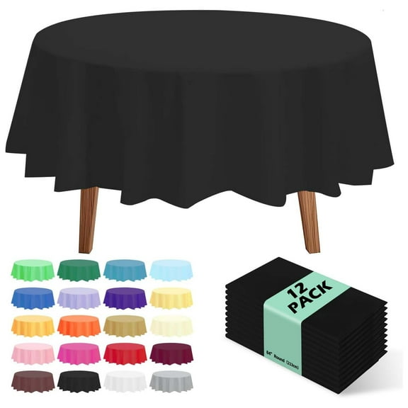 12 Pack Premium Disposable Plastic Tablecloth 84" Round Table Cover for Birthdays Weddings Christmas Anniversary Buffet Table,Black
