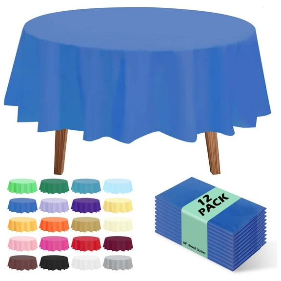 12 Pack Premium Disposable Plastic Tablecloth 84" Round Table Cover for Birthdays Weddings Christmas Anniversary Buffet Table,Blue