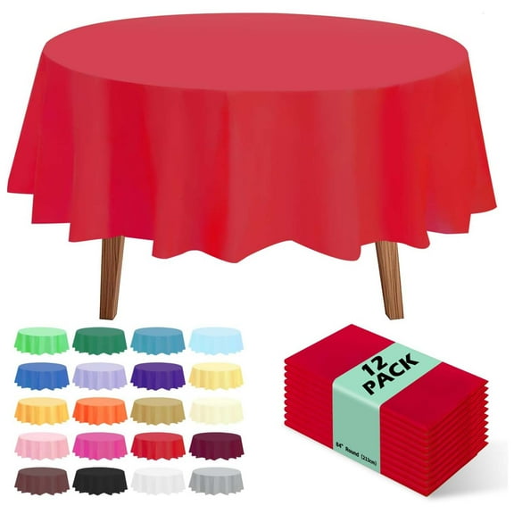12 Pack Premium Disposable Plastic Tablecloth 84" Round Table Cover for Birthdays Weddings Christmas Anniversary Buffet Table,Red