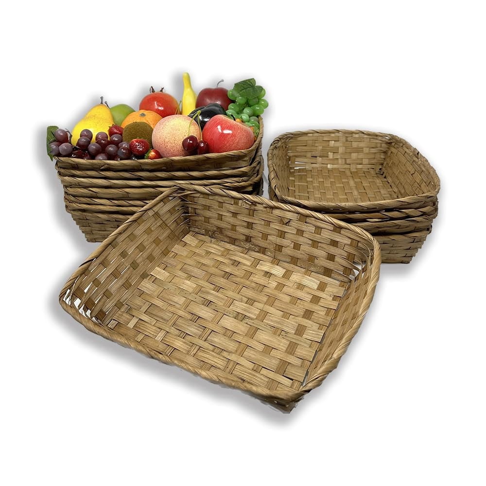 12 Pack Premium Handmade 12" x 9" Light Brown Bamboo Rectangular Storage Baskets – Rectangular Artisan Organizers for Kitchen Pantry, Snacks, Bathroom Vanity, Entryway & Gifts – Bulk Supply Set