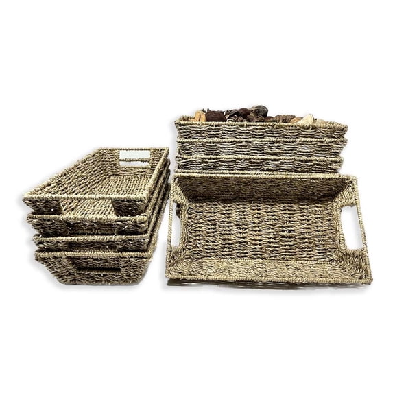 12 Pack Premium Handmade 13" Seagrass Rectangular Tray Baskets – Rustic Boho Organizers for Kitchen Countertop, Bathroom, Gifts, Events & Entryway - Bulk Supply Set