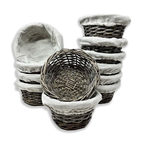 12 Pack Premium Handmade 6" Antique Grey Willow Baskets with Cloth Liner - Small Wicker Storage & Organization Baskets for Kitchen, Countertop, Bread, Gifts & Rustic Home Decor - Bulk Supply Set