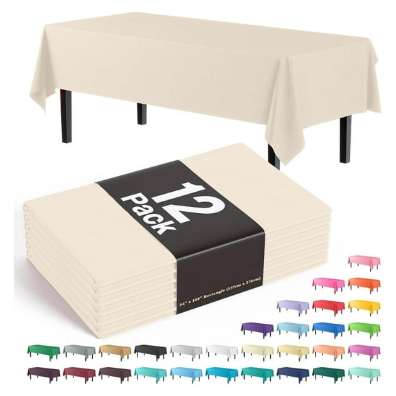 12-Pack Premium Plastic 54-Inch-by-108-Inch Rectangle Tablecloth, Ivory