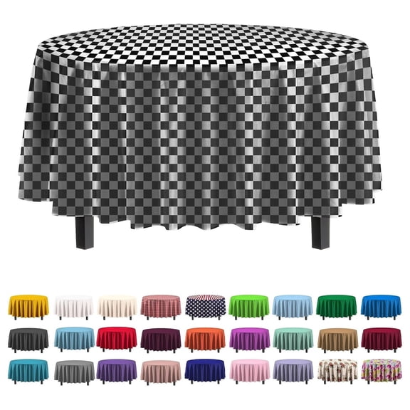 12-Pack - Premium Plastic Tablecloth 84 Inch Round Table Cover - Checkered