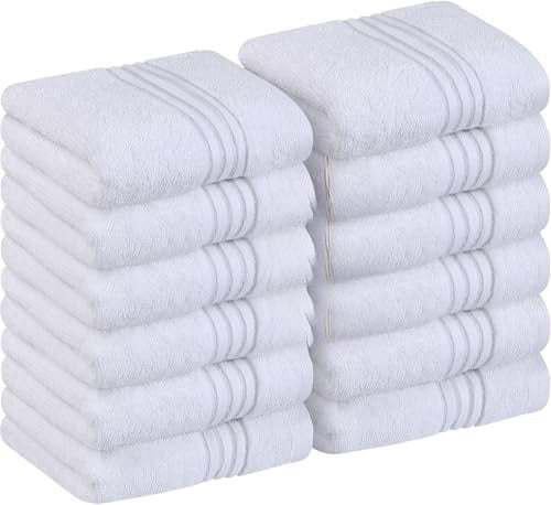 12 Pack Premium Wash Cloths Set, 12 by 12 Inches, 100% Cotton Ring Spun, Highly Absorbent and Soft Feel Washcloths for Bathroom, Spa, Gym, and Face, White