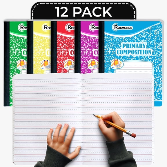 Rosmonde Primary Composition Notebooks 12 Pack, 200 Pages (100 Sheets), Primary Ruled, 9.75 x 7.5 in, Dotted Lined for Grades K–2, Marble Cover, Assorted Colors May Repeat