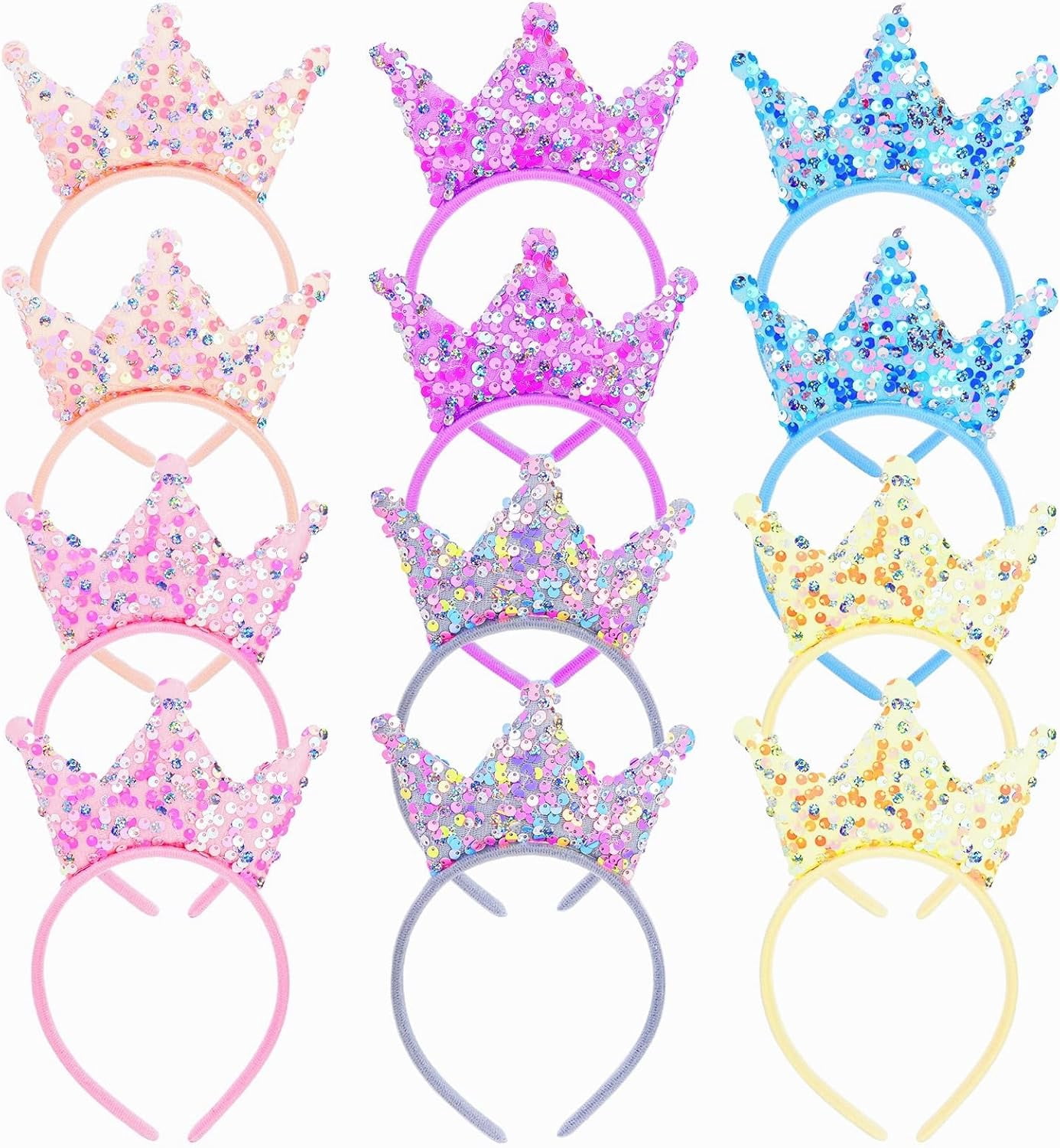 12 Pack Princess Crown Headband, Glitter Sequin Crown Headband, Shiny Tiaras and Crowns Hair Accessories for Birthday Party, Gifts
