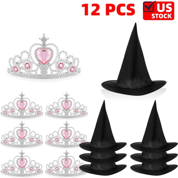 12 Pack Princess Crown and Witch Hat Set, Queen Crown and Wizard Hat for Pink Green Birthday Party Decoration