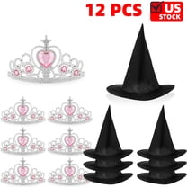12 Pack Princess Crown and Witch Hat Set, Queen Crown and Wizard Hat for Pink Green Birthday Party Decoration