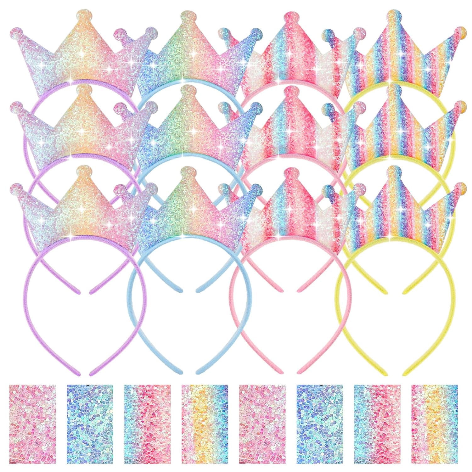 12 Pack Princess Party Favors Princess Crowns Headband Decorations Glitter Sequin Headband for Birthday Proms Gifts(Light Colors,Glitter)