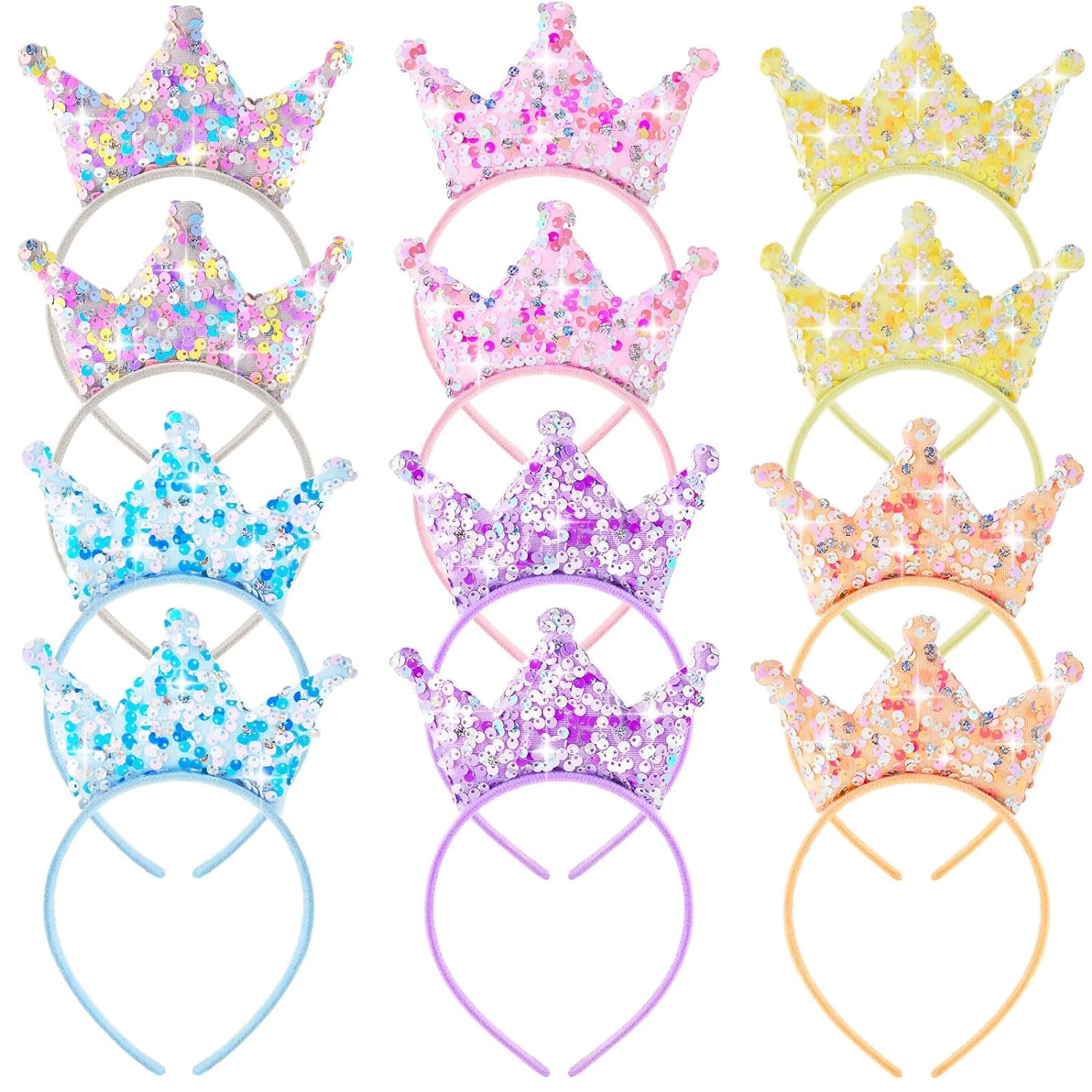 12 Pack Princess Party Favors Princess Crowns Headband Decorations Glitter Sequin Headband for Birthday Proms Gifts(Multi Colors,Sequin)
