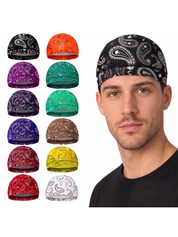 12 Pack Printed Stretch Skull Caps for Men, Wide Band Cycling Base Layer Hats, Lightweight Breathable Sport Dome Head Wraps for Outdoor Daily Use