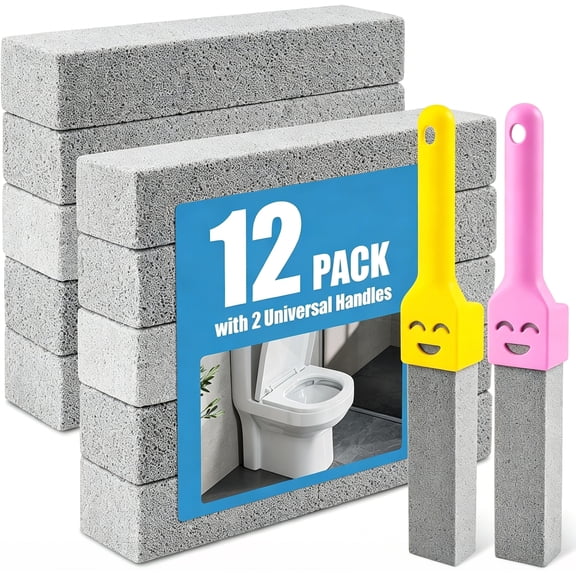 12 Pack Pumice Stone Toilet Bowl Cleaner, Reusable Pumice Stick with 2 Handles, Powerfully Cleaning Hard Water Rings, Calcium Buildup, Rust & Stains for Toilet, Tub, Grill, Pool, Sink, Stove