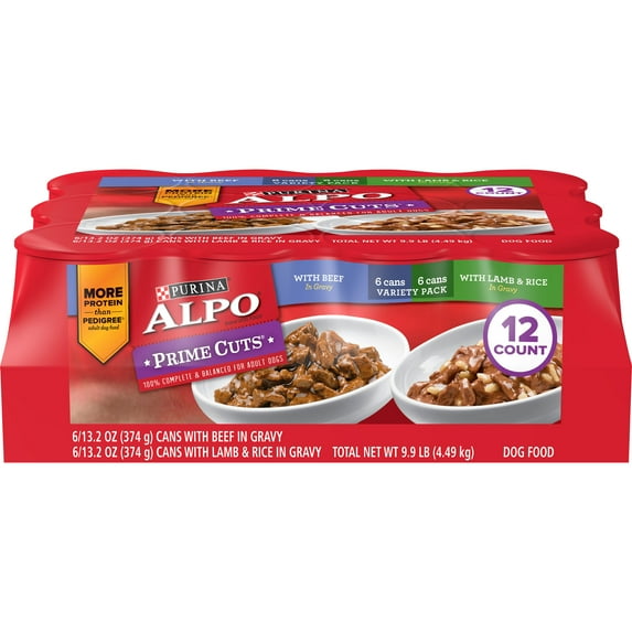 (12 Pack) Purina ALPO Gravy Wet Dog Food Variety Pack, Prime Cuts With Beef & With Lamb & Rice, 13.2 oz. Cans