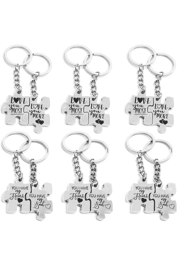 12 Pack Puzzle Piece Keychains for Couples Lovers Birthday, His and Her Anniversary Gift, Silver, 6 Designs, 1.2 x 3.3 in
