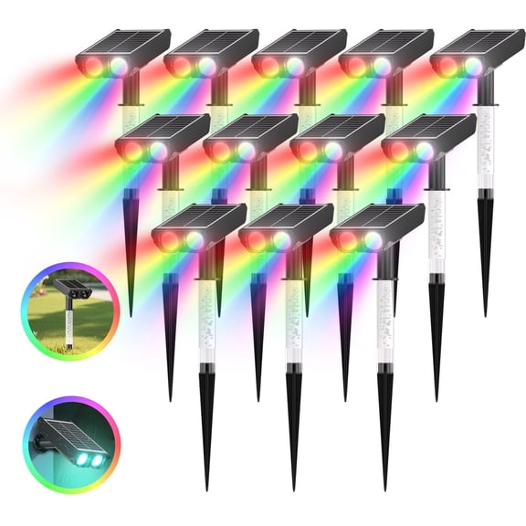 12 Pack RGB Solar Spot Lights : 2 IN 1 Solar Lights Outdoor with 8 Lighting Modes & PC Light Guide Column for Tree Garden Yard Pathway,RGB Color Changing Landscape Lights,IP65 Waterproof