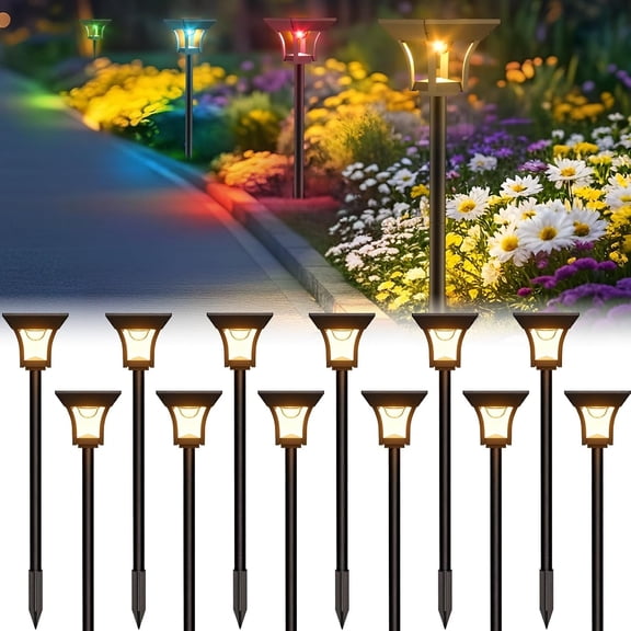 12 Pack RGBCW Solar Pathway Outdoor Lights, 3 Lighting Modes Solar LED Garden Lights, IP65 Waterproof Outside Solar Powered Landscape Lighting for Planter Lawn Pool Balcony RGB/Warm/Cold White